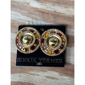 Vintage Bijoux Terner Gold-Tone Clip-On Earrings With Multicolored Rhinestones